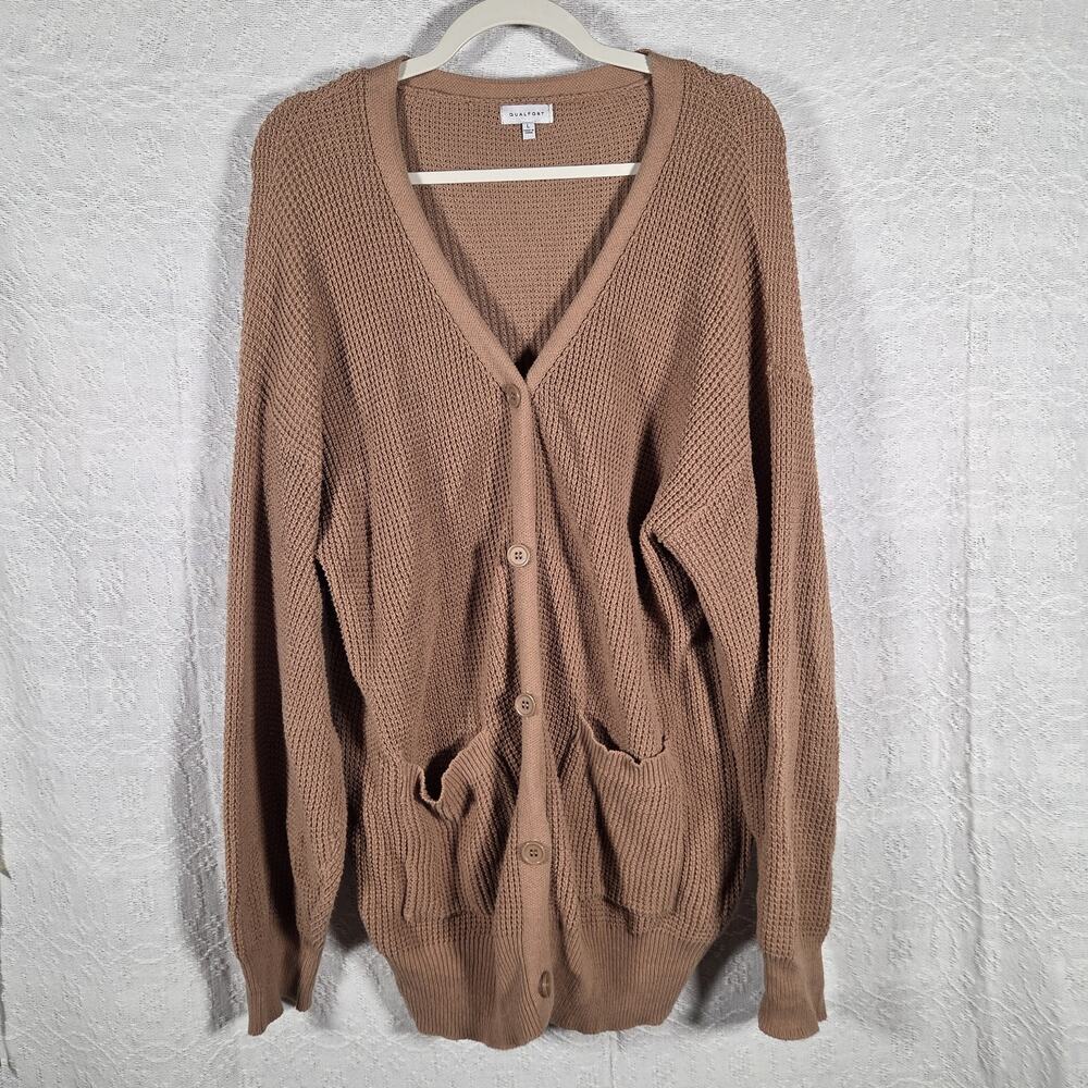 Qualfort Cotton Cardigan Sweater Women’s Large Brown Waffle Knit Button Front